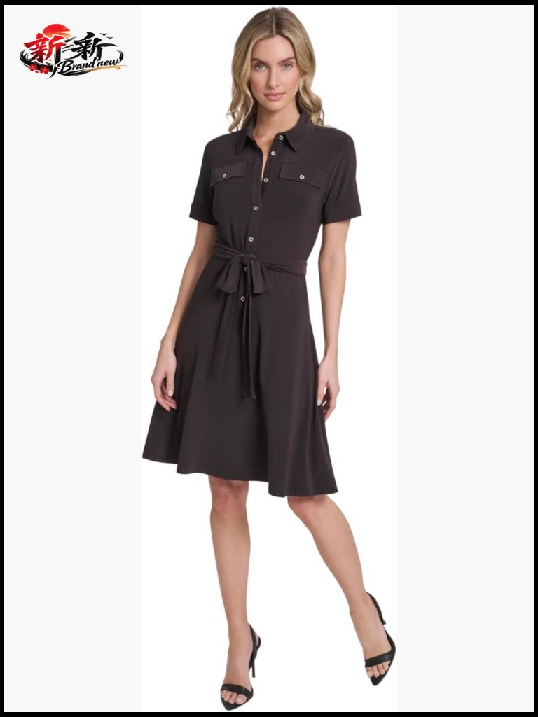 Short Sleeve Collared Self Tie Belt Jersey Shirt Dress - Fit & Flare